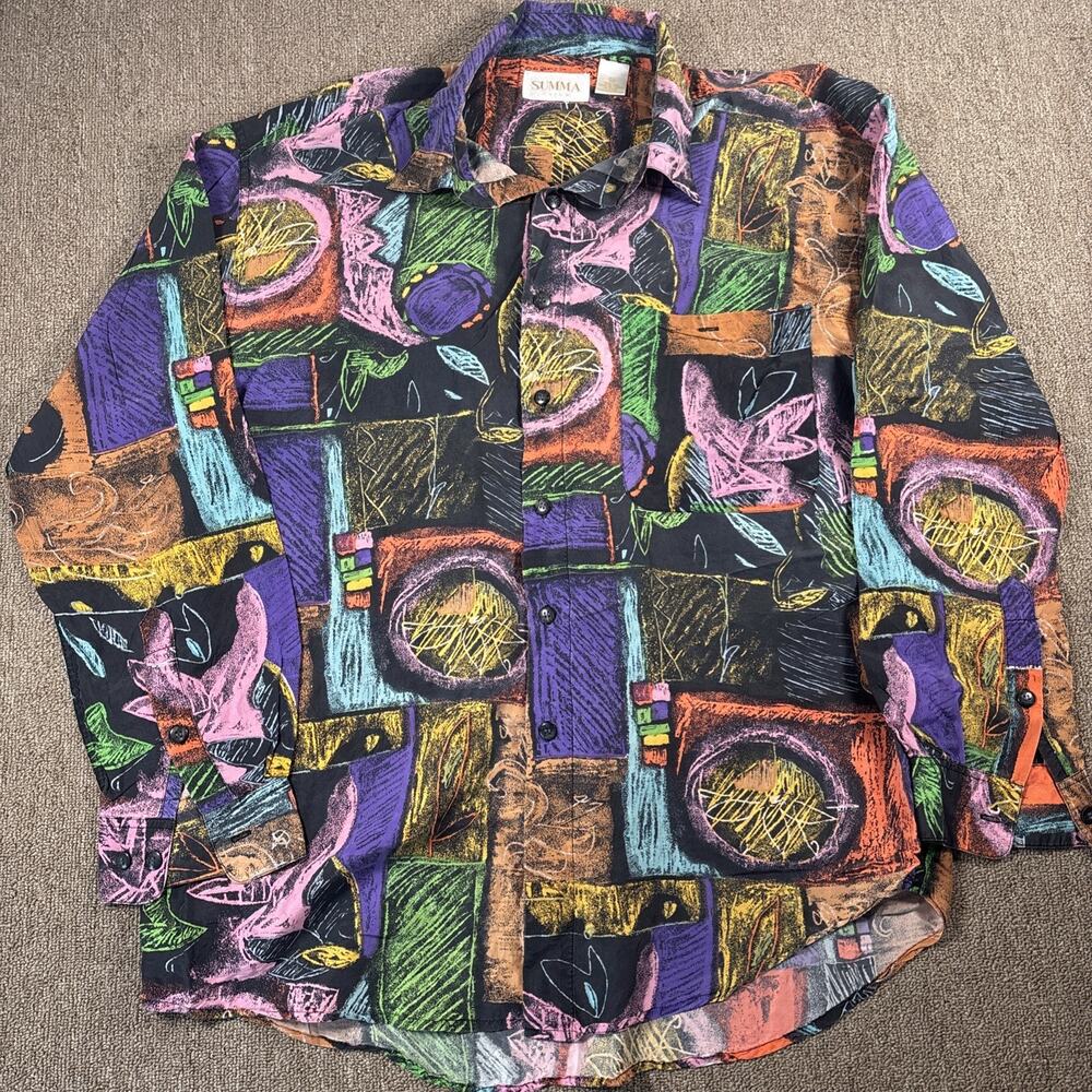 VTG 90s SUMMA Men’s Silk Button Up Shirt Abstract Design Medium Colorful